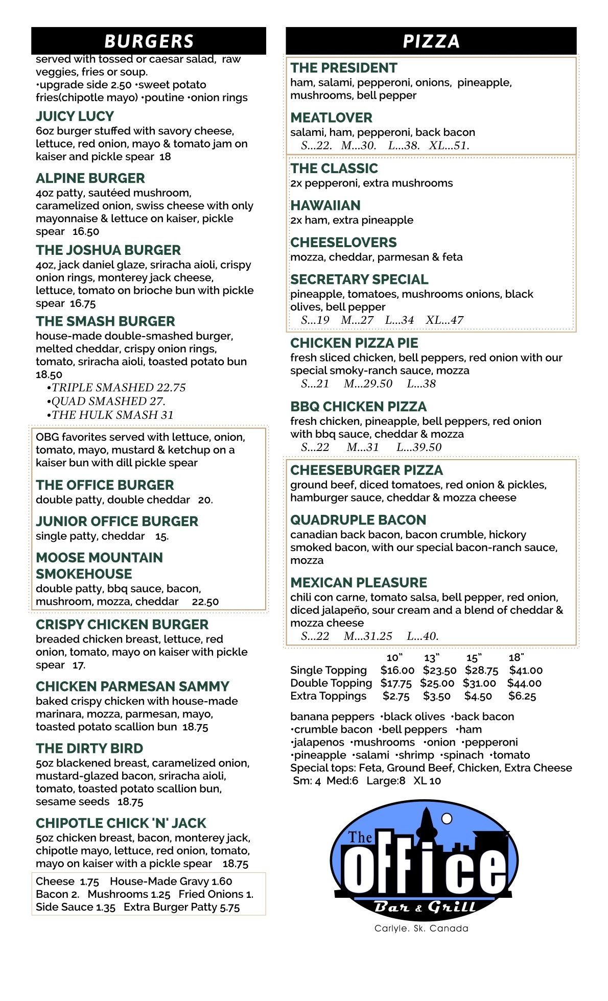Lunch- burgers, pizza